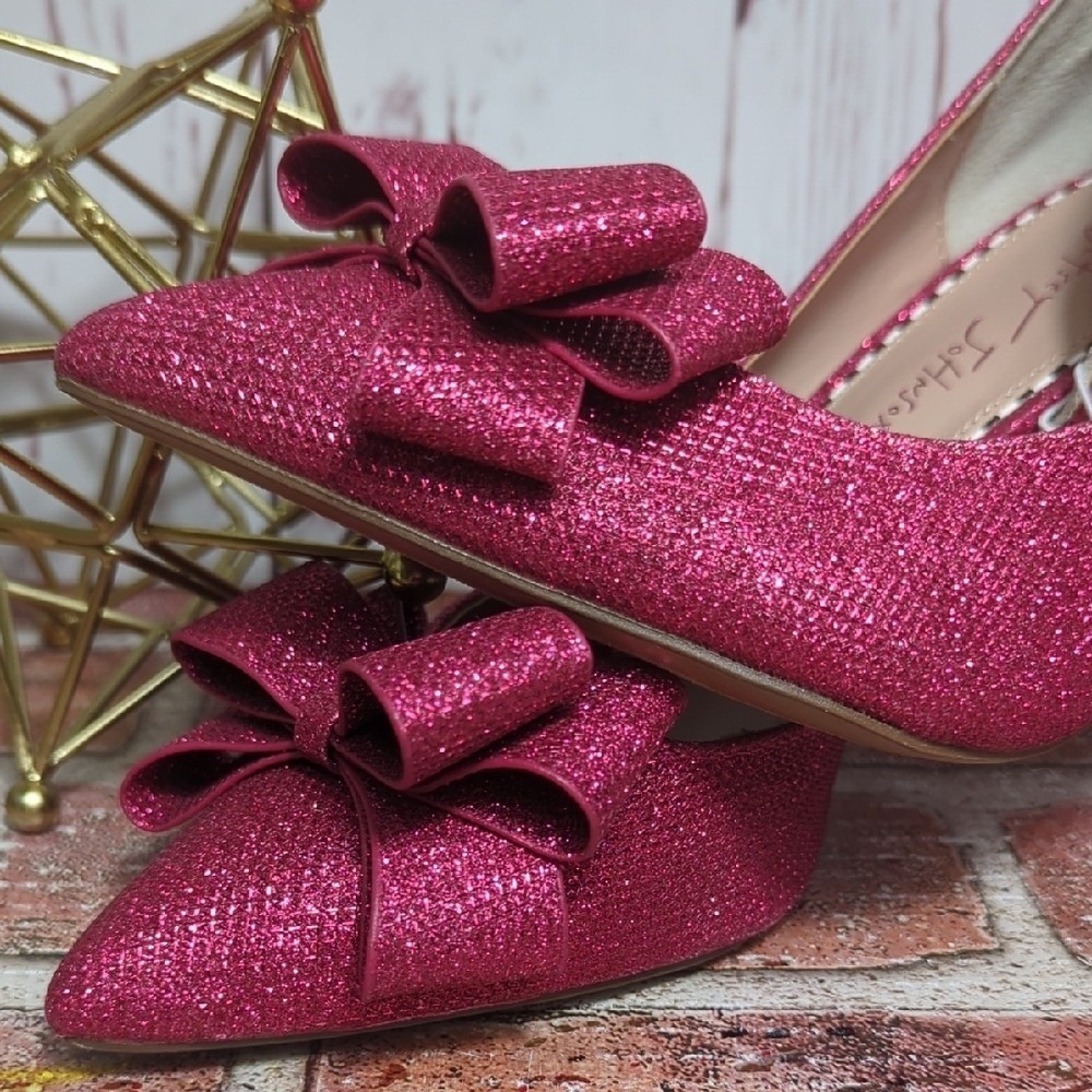 Betsey Johnson Pink Glitter Bow High Heels Party Birthday Coquette Girly 9 NWOT - Picture 3 of 15